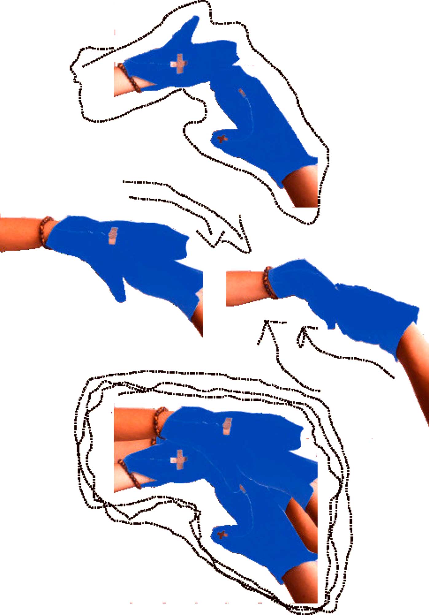 Two light blue gloves with conductive threads and electronics connected to them shake hands. They are lefthanded.