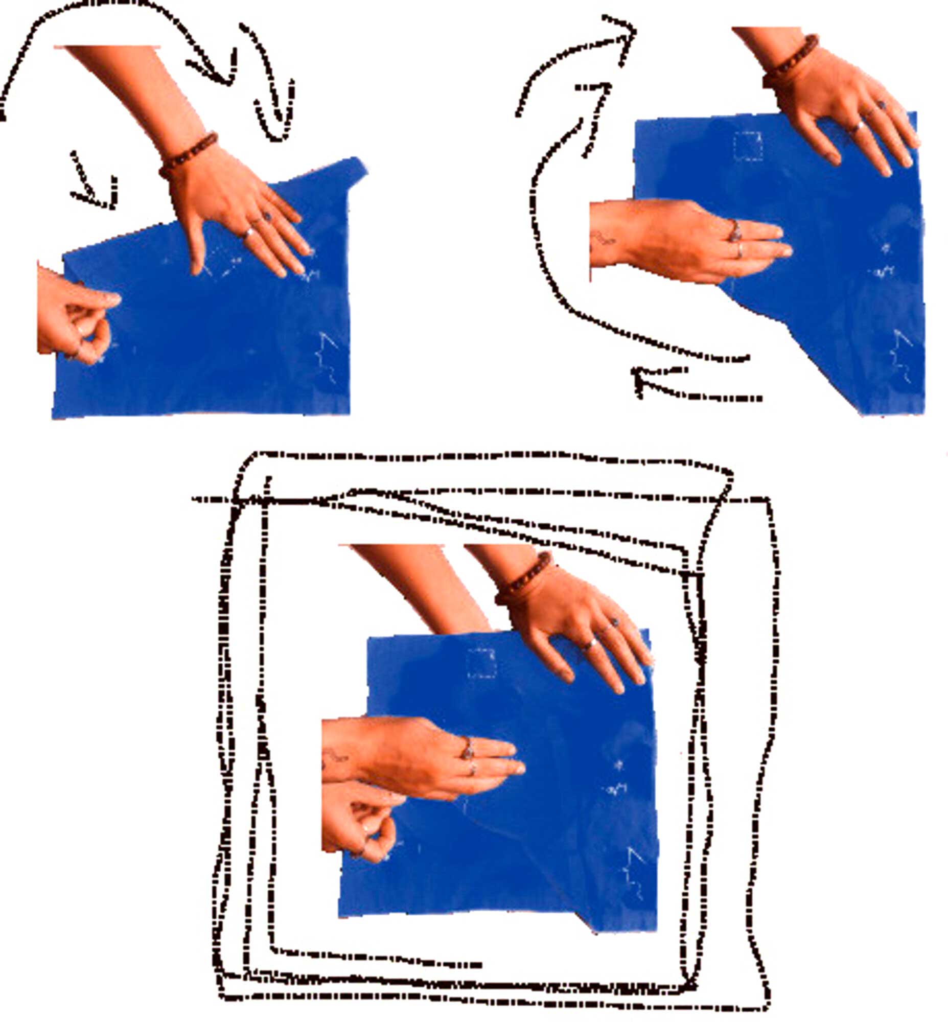 A bright blue map is being folded in two different ways. Each time it is folded in a different way, a different kind of button action can be imagined. There is conductive thread worked into it.