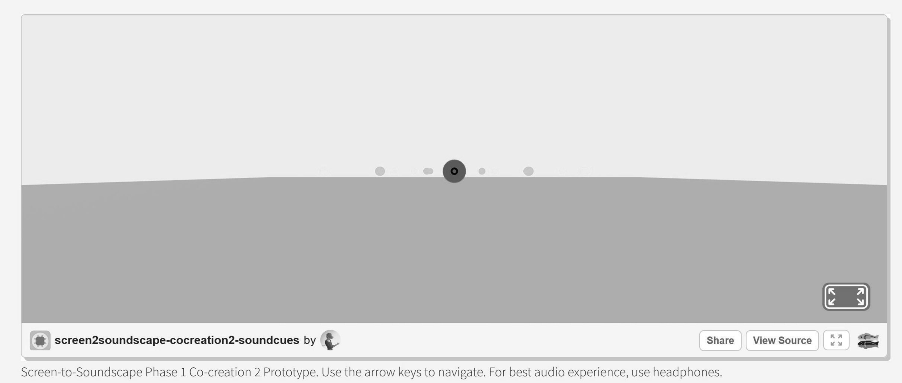 Image of the Screen-To-Soundscape prototype. We see the screenshot of a simple interface made of a plane with several spheres placed apart.