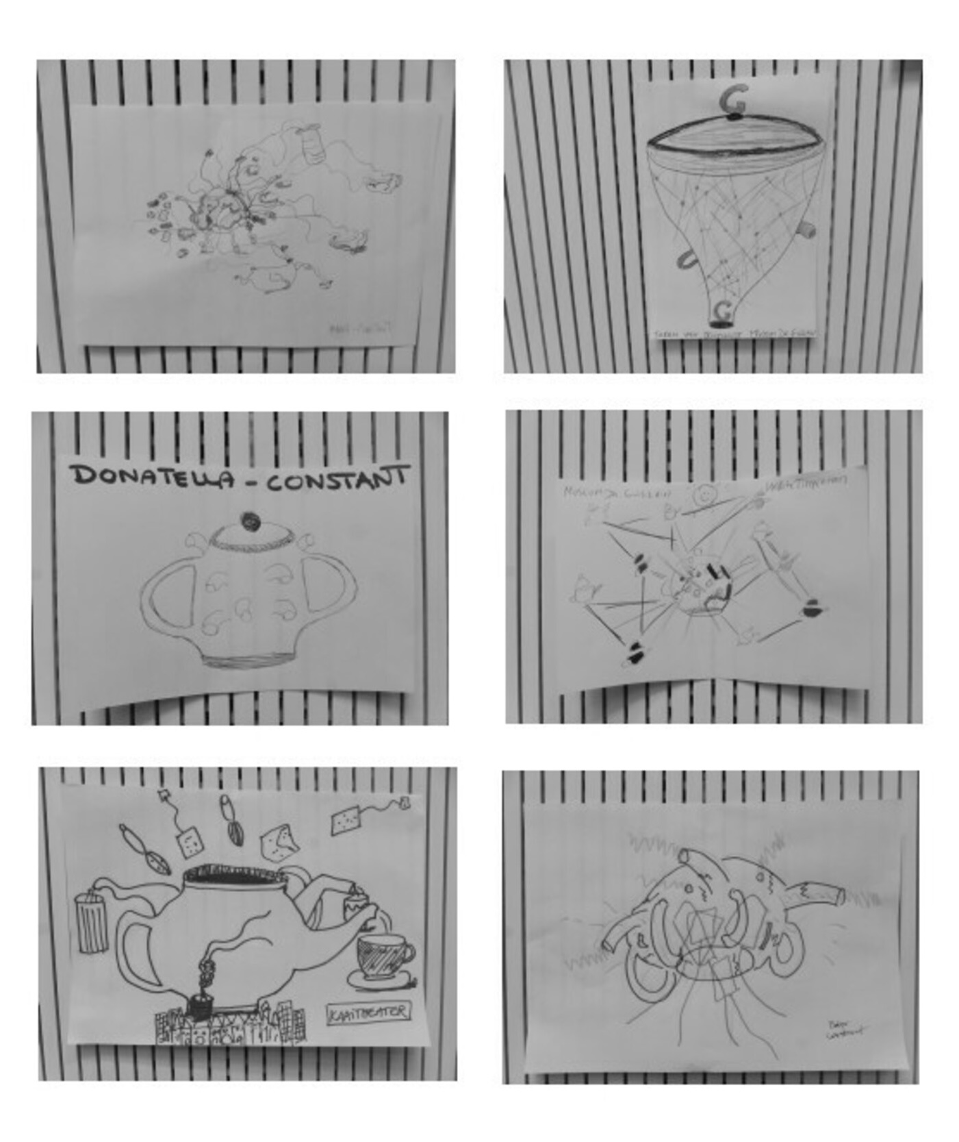 six drawings of teapots.
