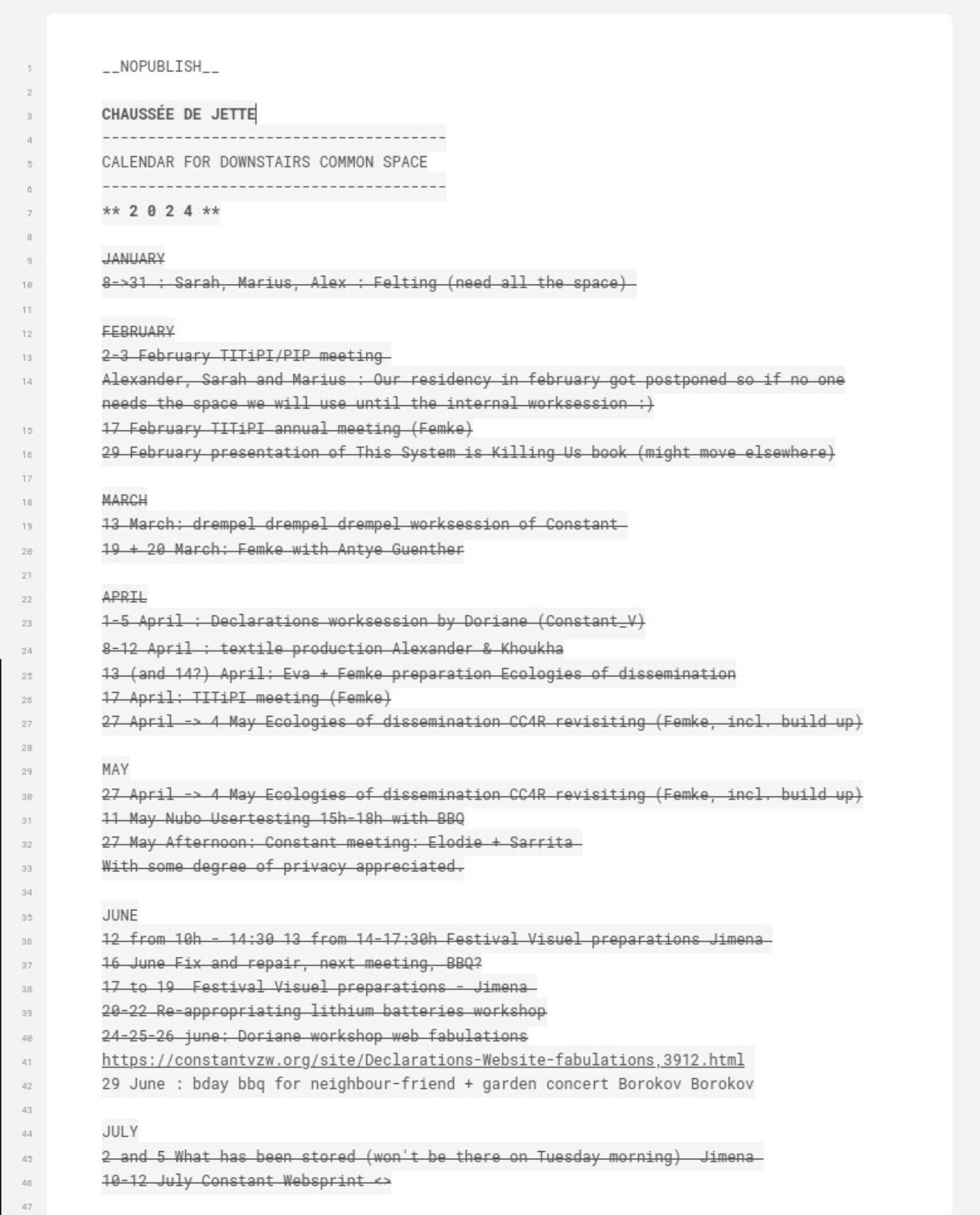 A screenshot from a etherpad page that was used by the users of the CDJ studio building to program the sharedspace in 2024