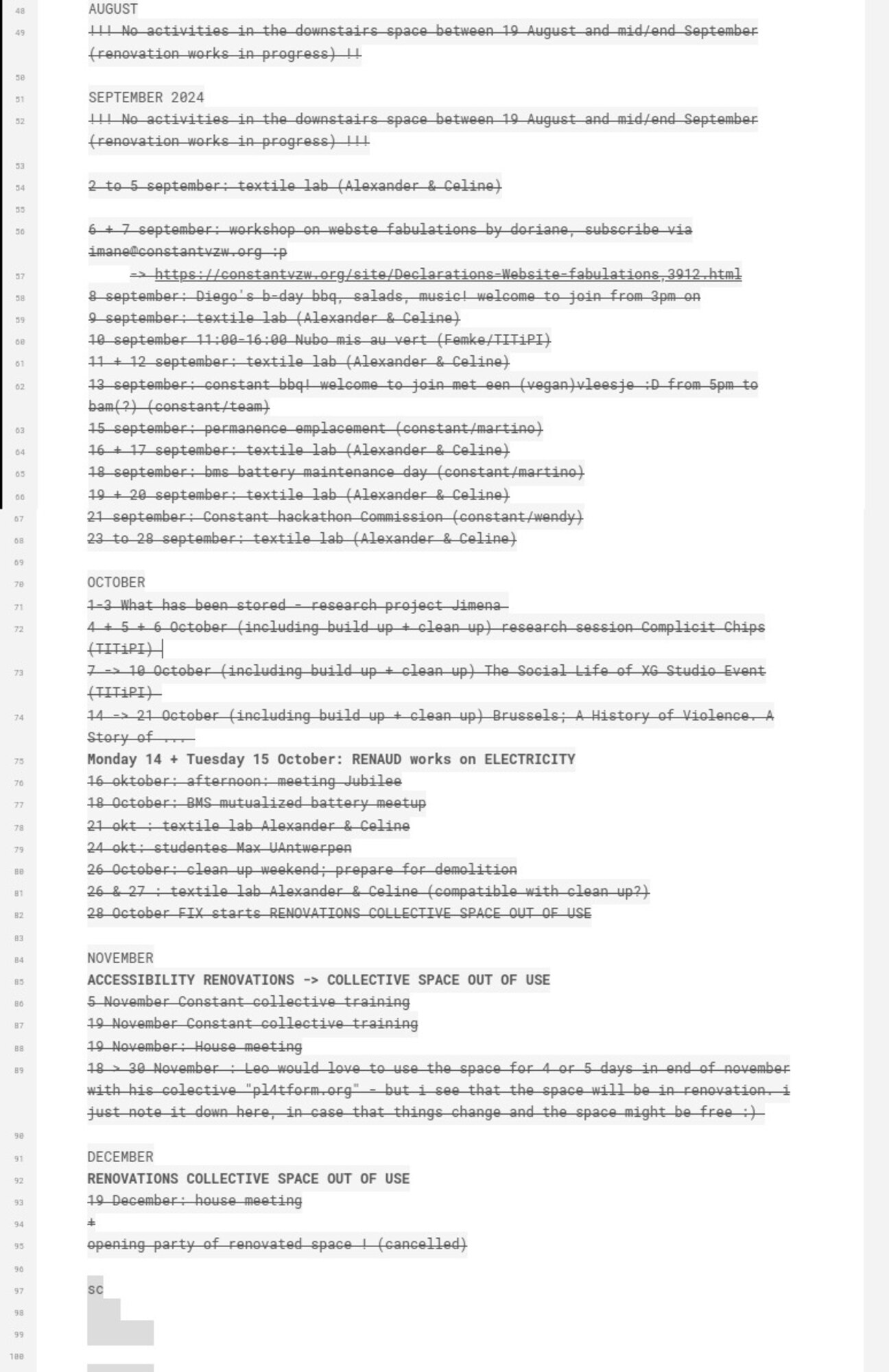 A screenshot from a etherpad page that was used by the users of the CDJ studio building to program the sharedspace in 2024