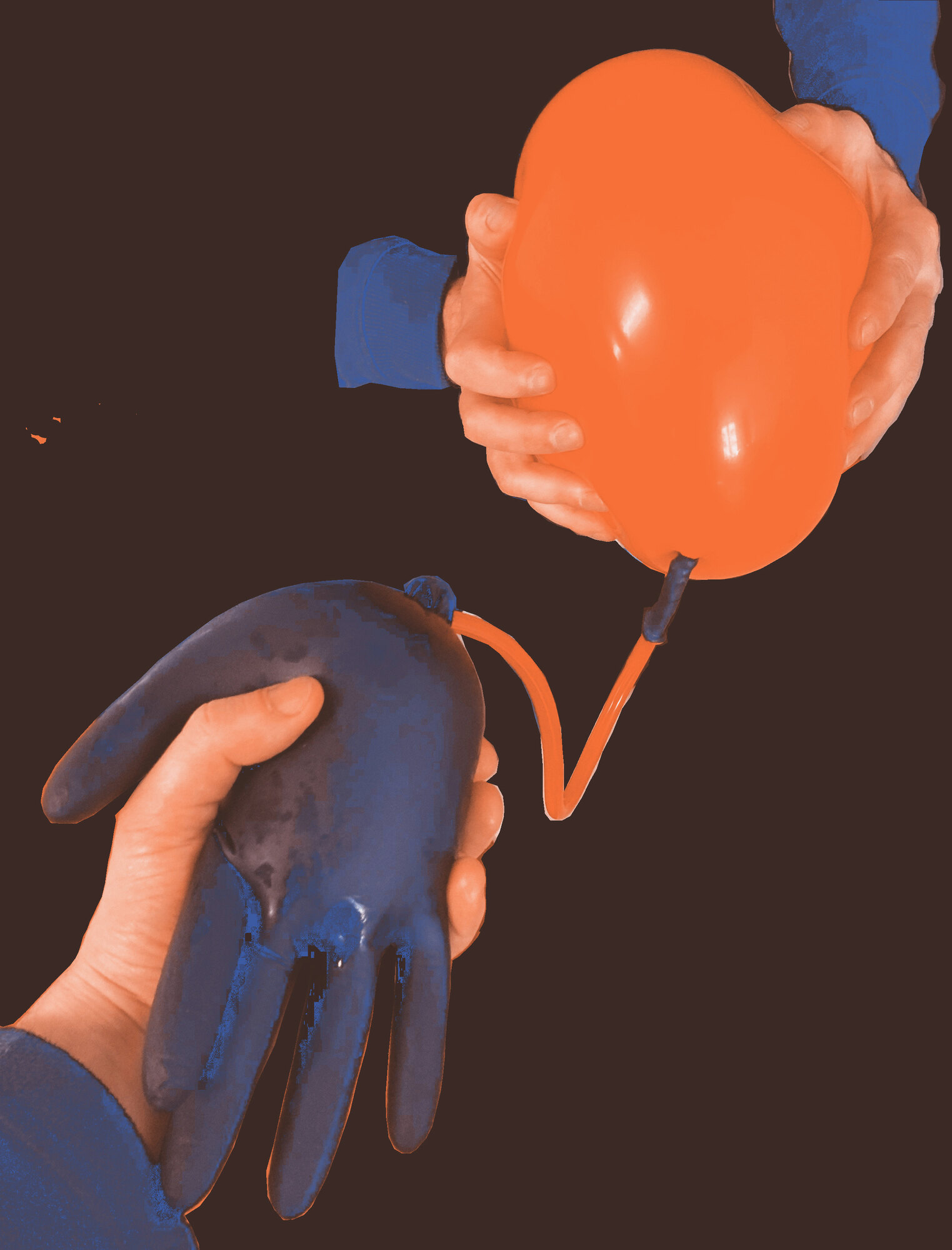 A black rubber glove is connected with an inflated red balloon. When the balloon is squeezed, the glove inflates and vice versa