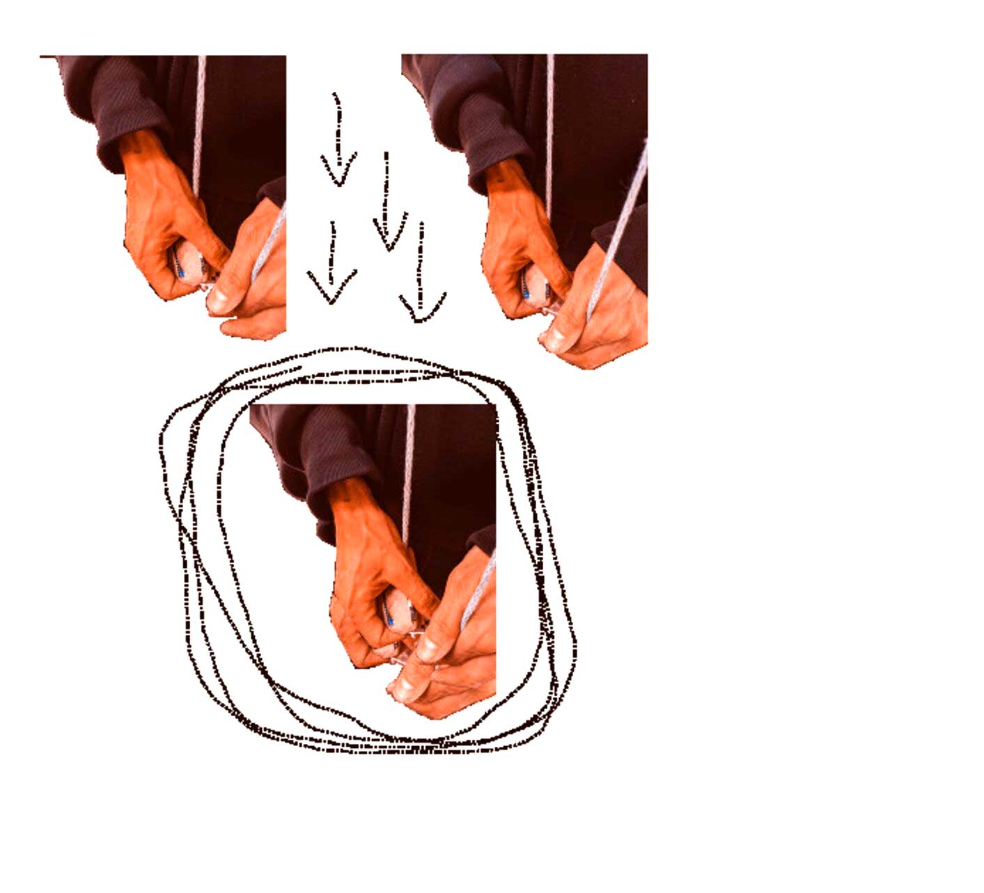 Prototype of a hoodie cord, in order to be able to discreetly activate or deactivate a device. The hoodie is black, and a hand is pulling the light grey conductive cord. Small electronics are held by the same hand.