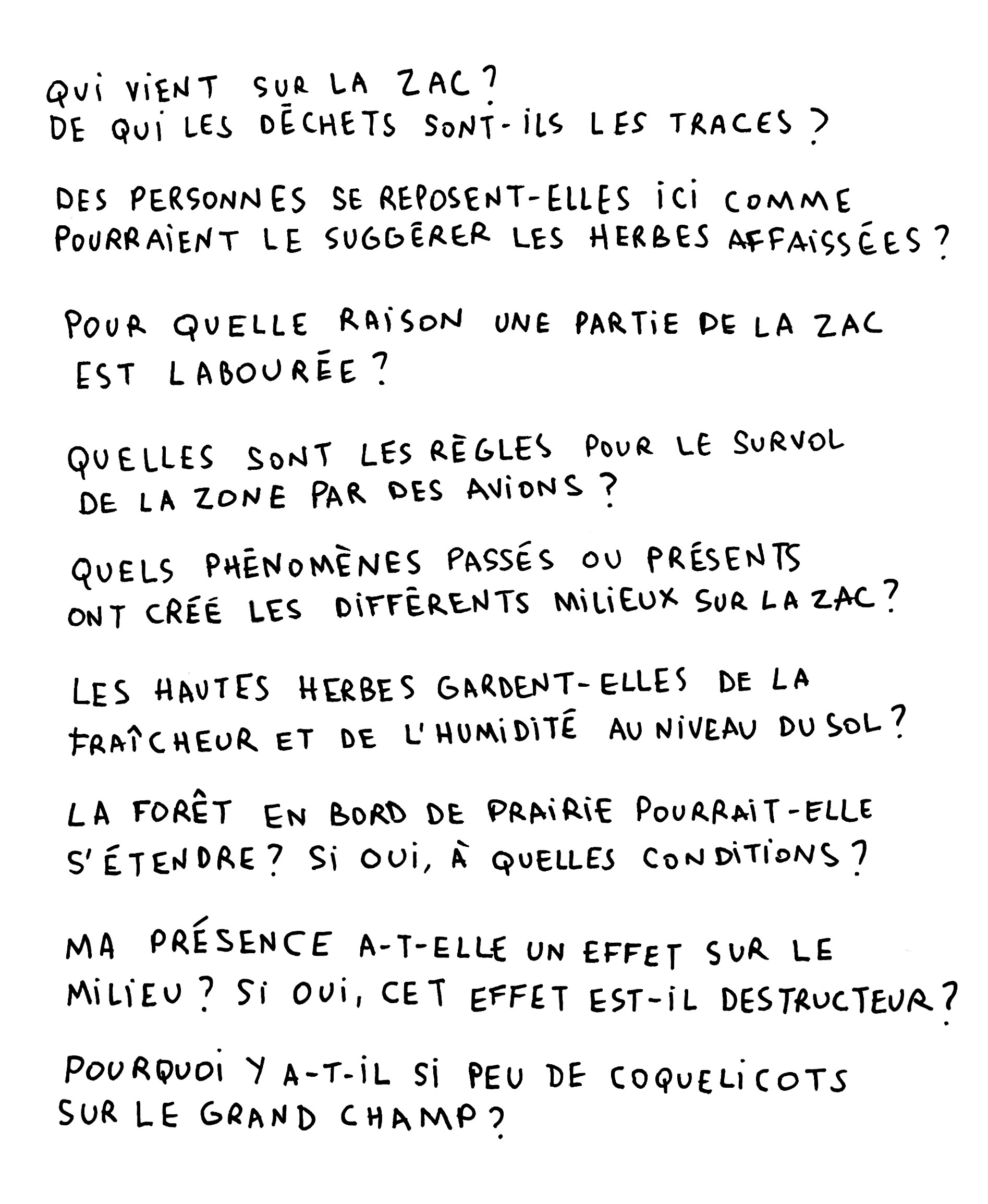 Liste des questions posées par les participant·es à l'issue des exercices d'attention proposés lors de l'atelier avec Benoît Verjat en juin 2022.