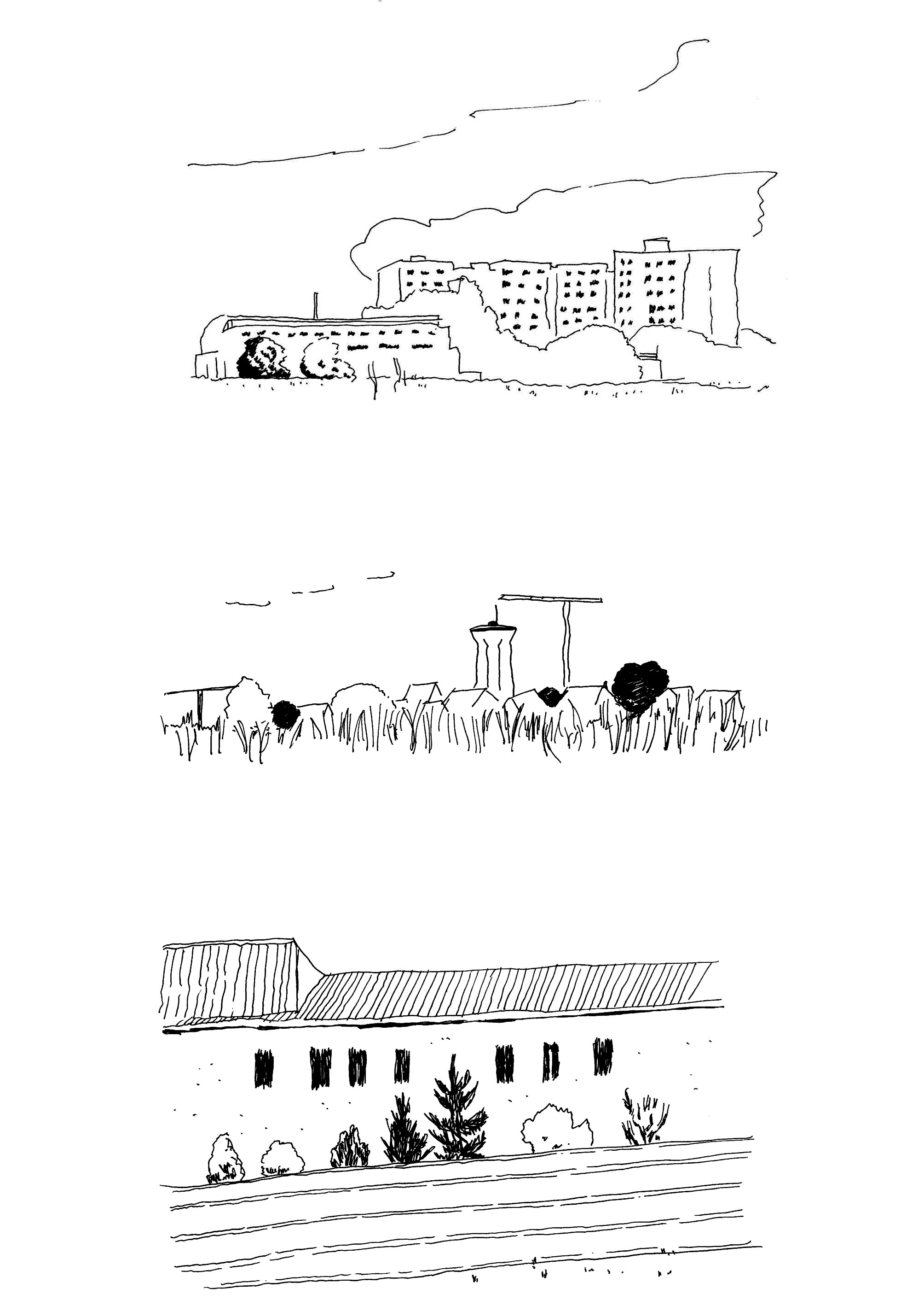 Croquis réalisés à partir de différents points de vue de la plaine Montceleux durant l'atelier de lecture de paysage avec Cécile Mattoug en juin 2022. Dessins : Alizée De Pin.