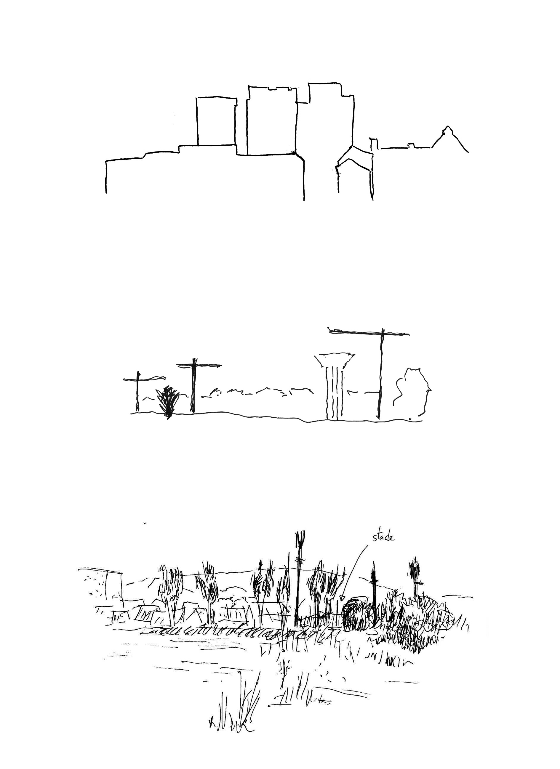 Croquis réalisés à partir de différents points de vue de la plaine Montceleux durant l'atelier de lecture de paysage avec Cécile Mattoug en juin 2022. Dessins (de haut en bas) : Chloé Bonjean, Dauren Omarov et Robin de Mourat.