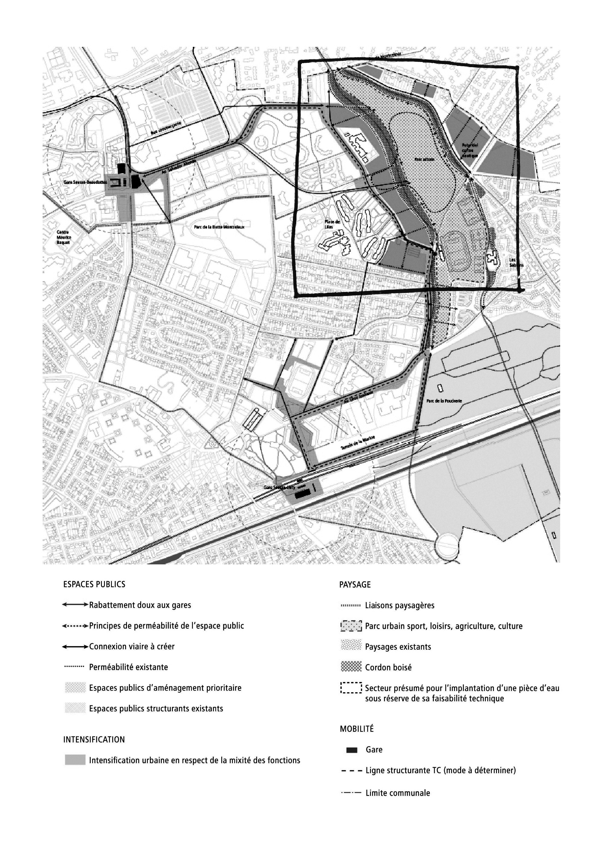 Carte issue de la pièce Orientations d'Aménagement et de Programmation (3) du rapport de présentation de la révision du PLU de la commune de Sevran en 2015. Elle présente la projection de l’OAP « Plaine Montceleux – Terre de Sport » réalisée par l'agence LIN. L'annotation ajoutée par les auteur·es permet de situer la plaine Montceleux. Plutôt que prescrire de manière précise le futur de la ville, cette carte joue un rôle de coordination les multiples instances publiques et les acteur·ices privé·es impliqué·es dans l'aménagement urbain.