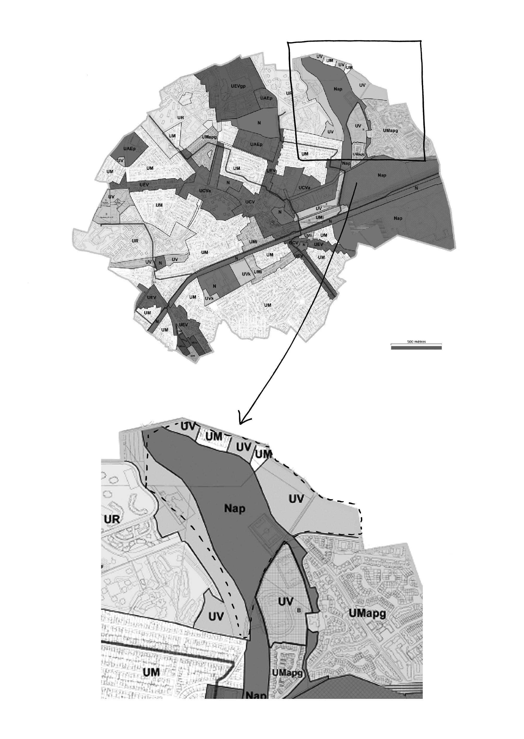 Carte issue de la pièce Plan de zonage (4) du rapport de présentation de la révision du PLU de la commune de Sevran en 2015. Carte annotée par les auteur·es pour représenter les contours de la plaine Montceleux. Le zonage cartographique mobilisé pour réglementer l'aménagement urbain recouvre le dessin des espaces existants: la plaine Montceleux disparaît et se trouve dissociée.