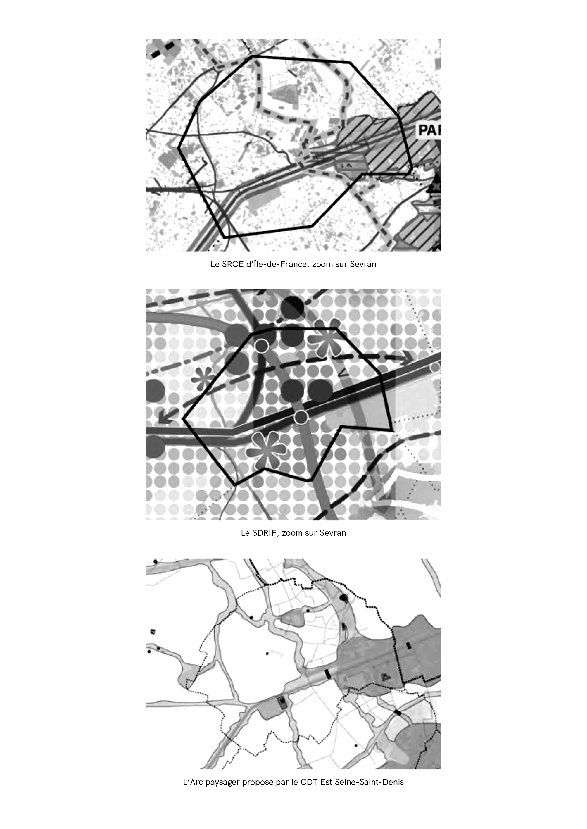 Cartes issues de la pièce État Initial de l’Environnement (1b) issue du rapport de présentation de la révision du PLU de la commune de Sevran en 2015. Chacune des trois représentations de la ville met en œuvre une manière différente de problématiser l'espace urbain sevranais à travers sa représentation graphique.