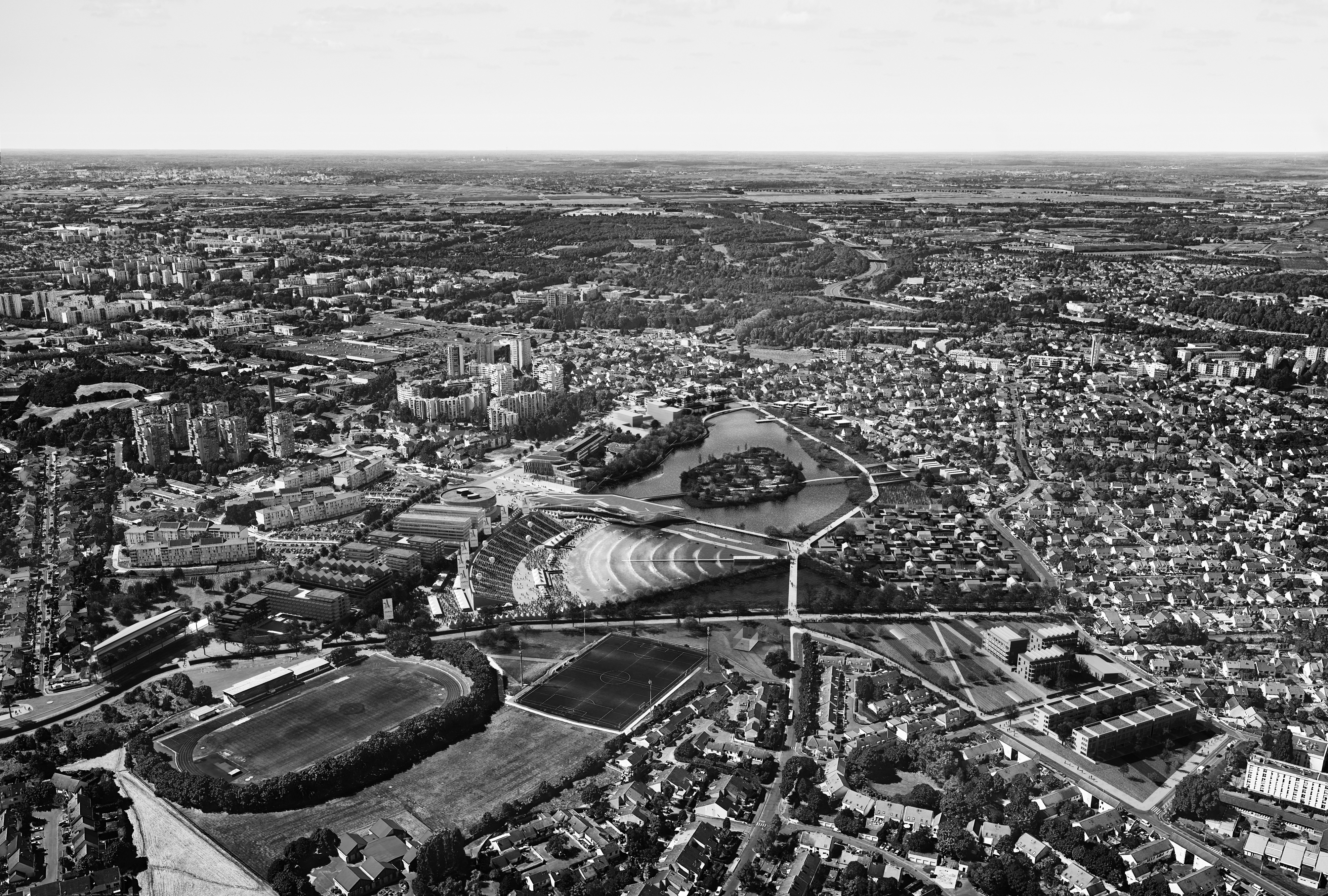 Projet Terre d'Eaux et de Culture (2019) comprenant la Vague Grand Paris. Image : Groupement d’opérateurs et concepteurs mené par Linkcity IDF.
